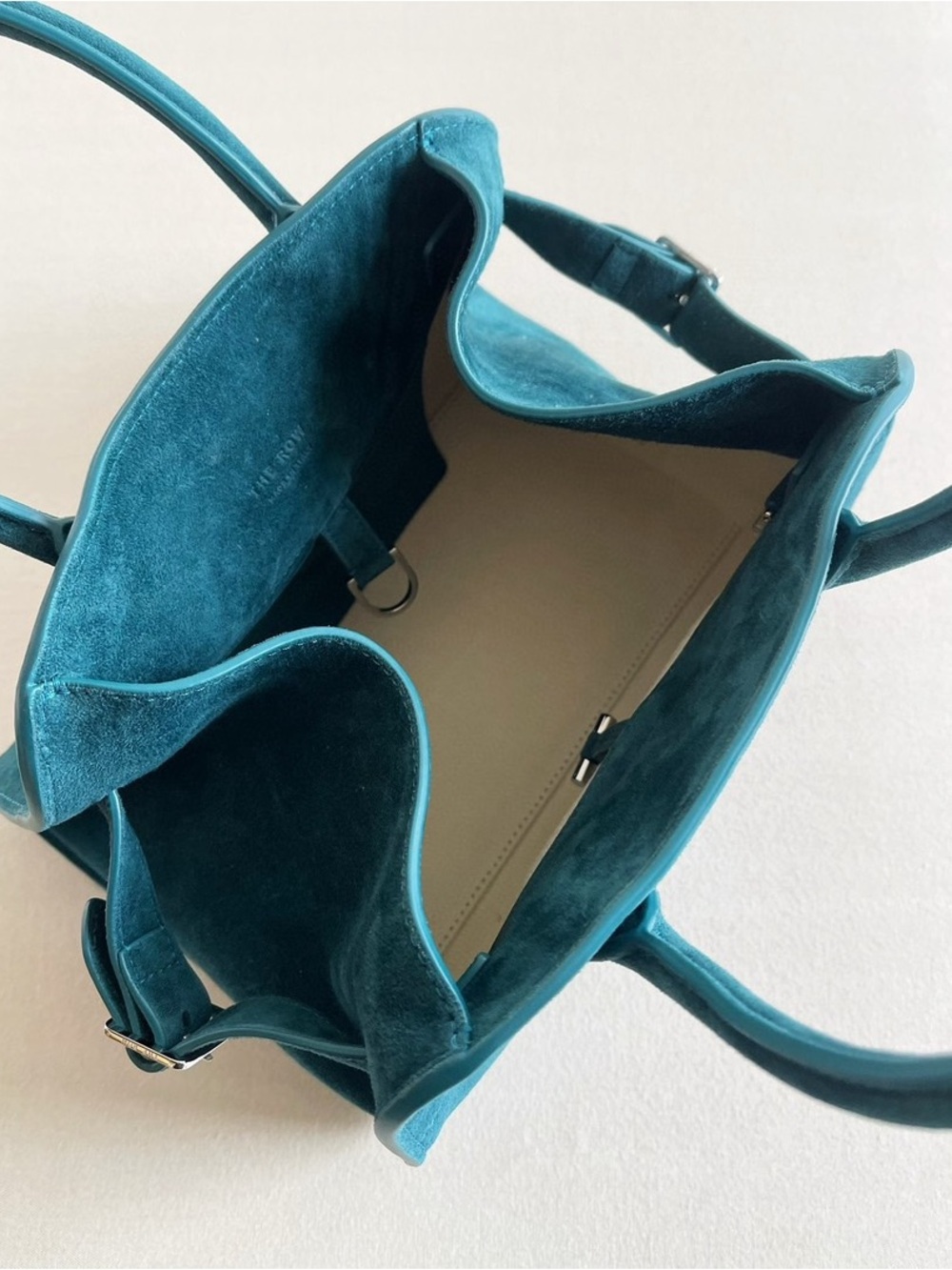 The Row Teal Suede Dome Satchel with Detachable Strap - Picture 7 of 8